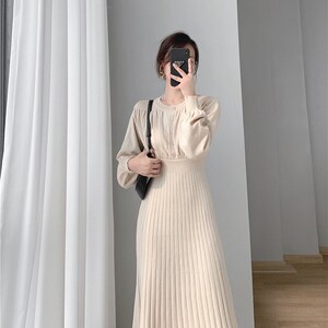 Mid-length Over-the-Knee Sweater Winter Dress, Lantern Sleeves Knitted Autumn Dress