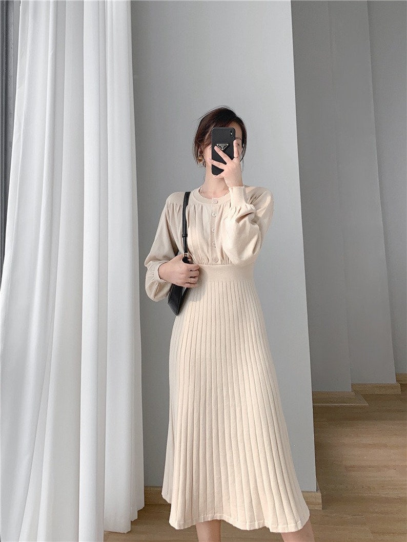 Mid-length Over-the-Knee Sweater Winter Dress, Lantern Sleeves Knitted Autumn Dress