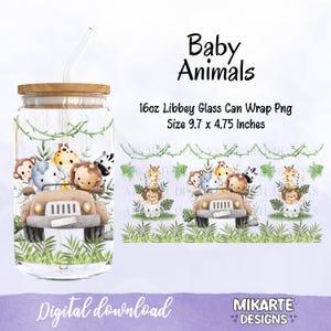 Baby Animals 16 Oz Libbey Glass Can PNG, Glass Can Design, Sublimation Designs, UVDTF Design, Safari animals Libbey Png, Digital download