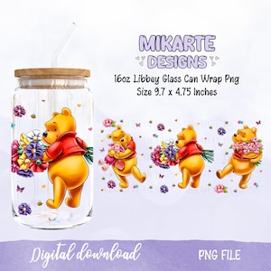 Spring Winnie The Pooh 16 Oz Libbey Glass Can PNG, Glass Can Design, Sublimation Designs, UVDTF Design, Cartoon Libbey Png, Digital download