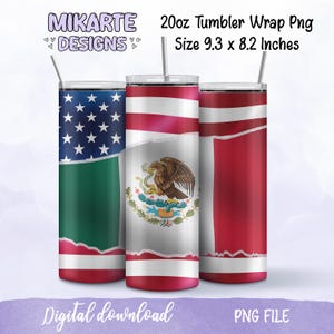 Papier d'emballage pour verre mince 20 oz Mexique et États-Unis, design latin, design par sublimation, fichier numérique PNG, gobelet mexicain, design numérique, téléchargement immédiat