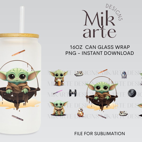 Conception de bébé Yoda | Emballage pour boîte de conserve en verre de 16 oz | Conception de canettes en verre | Motifs de sublimation | de canette en verre |