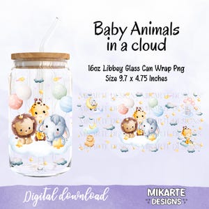 Baby Animals in a cloud 16 Oz Libbey Glass Can PNG, Glass Can Design, Sublimation Designs, UVDTF Design, Safari Libbey Png, Digital download