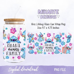 Ohana Means family 16oz Glass Can PNG, Glass Can Design, Sublimation Designs, UVDTF Design, Cartoon Libbey Png, Digital download