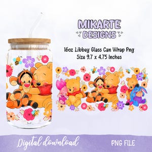 Winnie and Friends 16 Oz Libbey Glass Can PNG, Glass Can Design, Sublimation Designs, UVDTF Design, Cartoon Libbey Png, Digital download