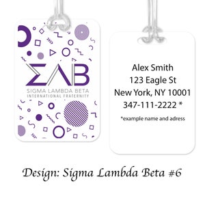 May include: A white plastic badge with a purple Sigma Lambda Beta logo and geometric patterns. The text "Sigma Lambda Beta International Fraternity" is below the logo. The badge has a clear plastic lanyard attached. The back of the badge has a white background with black text that reads "Alex Smith, 123 Eagle St, New York, NY 10001, 347-111-2222 *example name and address".