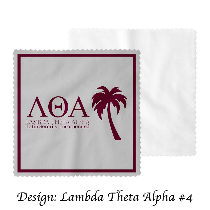 May include: A grey and white square microfiber cleaning cloth with a burgundy border and a burgundy palm tree design. The text "&Lambda;&Theta;&Alpha; LAMBDA THETA ALPHA Latin Sorority, Incorporated" is printed on the cloth.