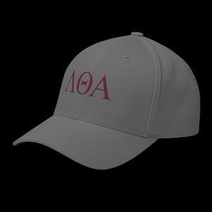 May include: A gray baseball cap with a red embroidered Greek letter design that says "ΛΘΑ".