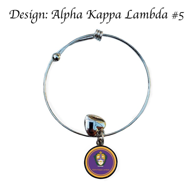 Puede incluir: Un brazalete extensible plateado con un dije que presenta un logotipo de Alpha Kappa Lambda morado y dorado.