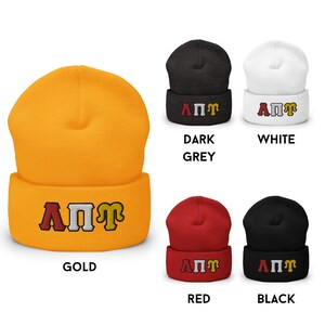 K&ouml;nnte beinhalten: Ein Set aus sechs Strickm&uuml;tzen in verschiedenen Farben, jede mit den Buchstaben "&Lambda;&Pi;&Pi;&Gamma;" auf der Vorderseite bestickt. Die Farben sind Gold, Dunkelgrau, Wei&szlig;, Rot und Schwarz.