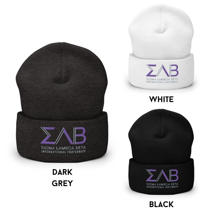 Pu&ograve; includere: Tre berretti di lana in grigio scuro, bianco e nero con le lettere greche "&Sigma;&Alpha;&Beta;" e il testo "Sigma Lambda Beta International Fraternity" ricamato in viola.