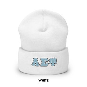 May include: White beanie with a blue and white embroidered Greek letter design that says "A&Sigma;T".