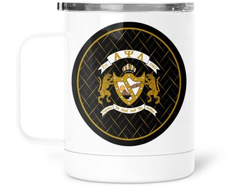 Caneca térmica Alpha Psi Lambda em aço inoxidável, 384 ml (13 oz), com tampa.