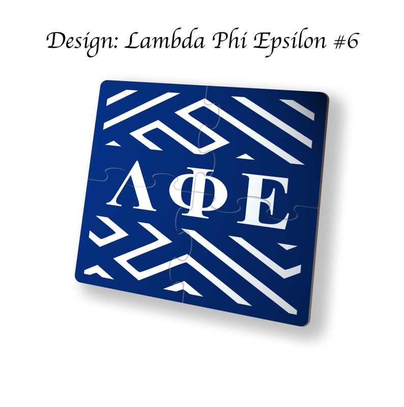 May include: Blue and white jigsaw puzzle with the Greek letters Lambda Phi Epsilon in white on a blue background. The letters are arranged in a horizontal line.