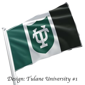 May include: A rectangular flag featuring a vertical tricolor design of dark green, white, and black. In the center white panel, a dark green shield displays the white interlocking letters TU. The text Design: Tulane University #1 appears below.