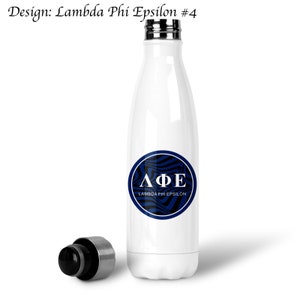 May include: White stainless steel water bottle with a blue and black circular design featuring the letters "ΛΦΕ" and the text "Lambda Phi Epsilon".