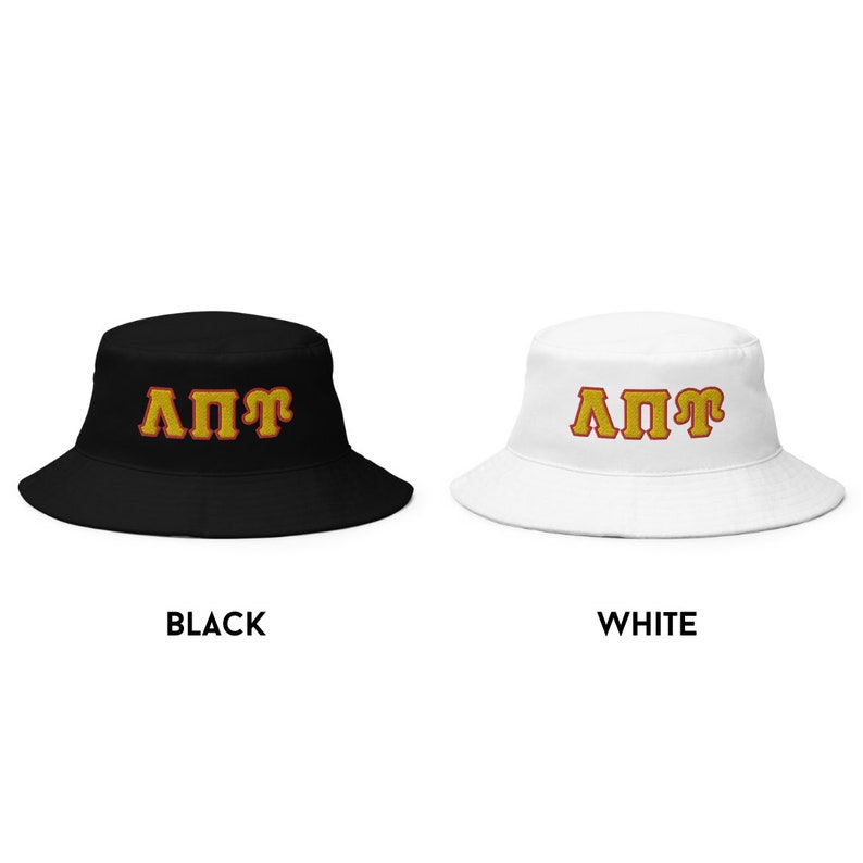 May include: Two bucket hats, one black and one white, with the letters "&Lambda;&Pi;&Gamma;" in yellow with red outlines.