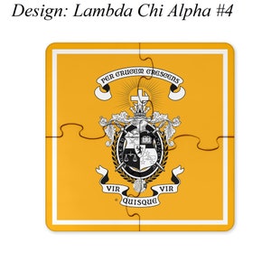 May include: A yellow square puzzle piece with a black and white crest featuring a cross, swords, and a lion. The crest is surrounded by a wreath and a banner that reads "Per Crucem Crescens". Below the crest are two banners that read "Vir Quisque Vir".