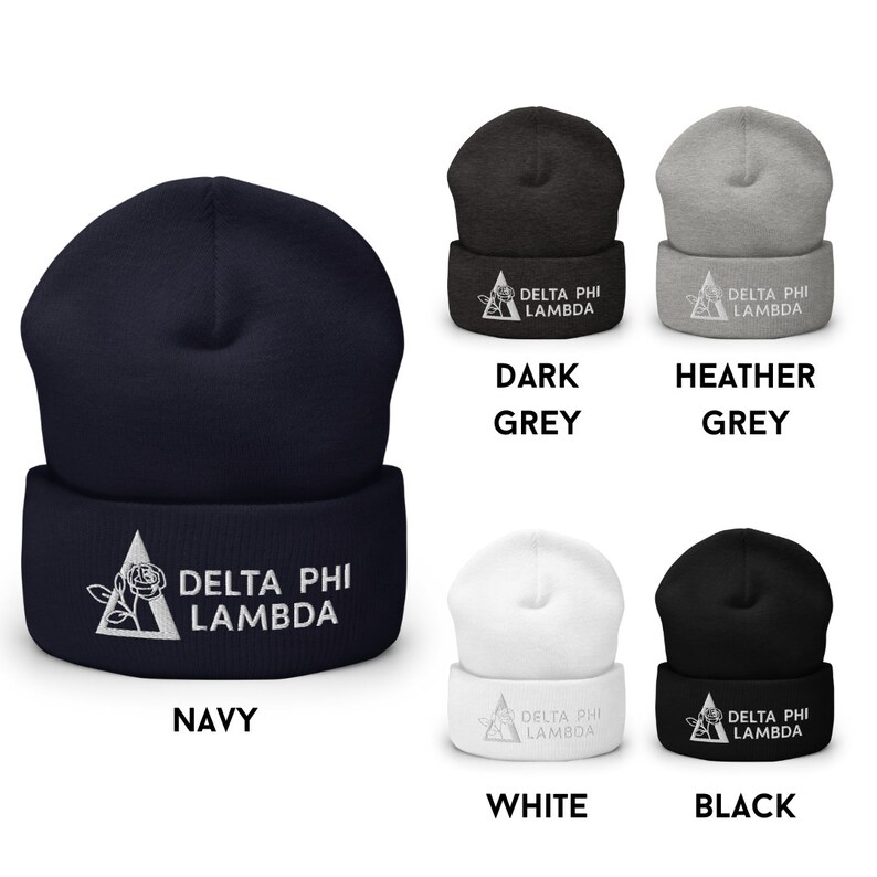 May include: A set of five knit beanies in navy, dark grey, heather grey, white and black. Each beanie features a white embroidered triangle with a rose and the text "DELTA PHI LAMBDA".