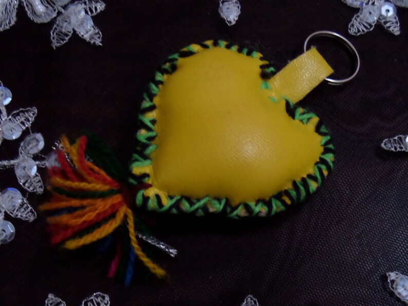 leather key holder handmade leather key chain yellow heart keyring