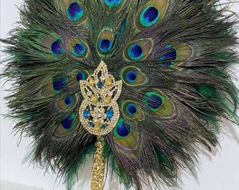 Peacock  feather fan  -  bridal fan- wedding hand fan - festival feather fan-Victorian  antique fan