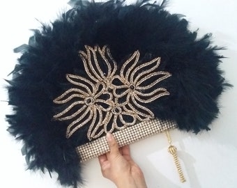 Feather fan  -   black wedding hand fan -Victorian antique fan - festival feather fan -  bridal fan