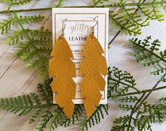 Mustard Leather Leaf Earrings, Feather Leather Earrings