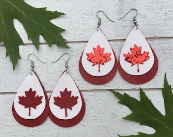 Canada Earrings, Maple Leaf Teardrop Leather Earrings, Canada Day Earrings