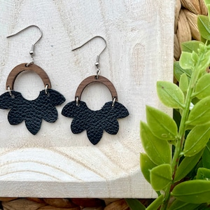 Black Leather Earrings, Flower Leather Earrings, Wood Earrings