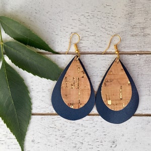 Cork and Leather Earrings, Teardrop Earrings, Navy Earrings