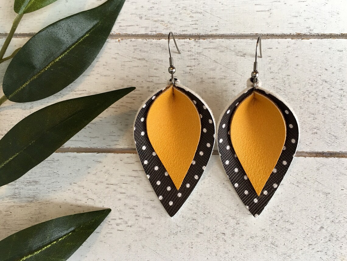 Mustard Yellow Black Polka Dot Earrings Faux Leather Earrings Etsy