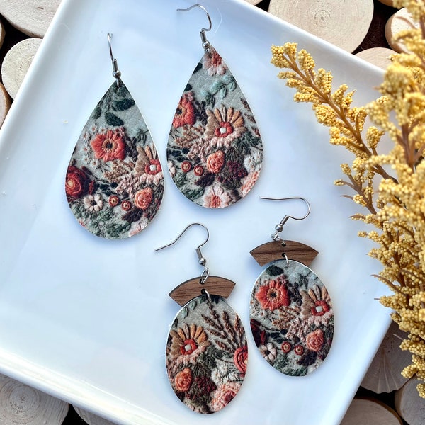 Embroidered Floral Leather Earrings