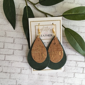 Cork and Leather Earrings, Teardrop Earrings, Hunter Green Earrings