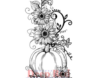 Sunflowers and Pumpkin Rubber Cling Stamp