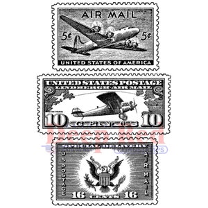 May include: Three vintage postage stamps featuring air travel themes. The top stamp reads "AIR MAIL" with a 5-cent value and an image of a propeller airplane. The middle stamp shows a biplane and reads "UNITED STATES POSTAGE". The bottom stamp features an eagle.