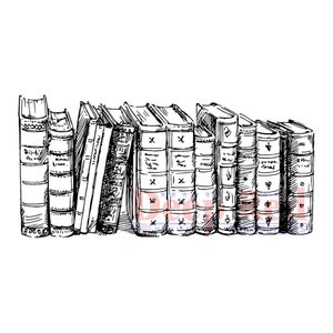 May include: A black and white line drawing of a collection of antique books. The books are of varying sizes and styles, with visible spines and details. The image evokes a sense of history and literature.