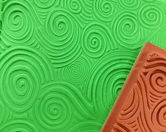 Woodcut Swirls Clay Texture Mat 4" x 6" Flexible Vulcanized Unmounted Deep Etch Red Rubber Stamp