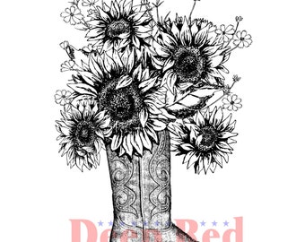 Boot Sunflowers Rubber Cling Stamp