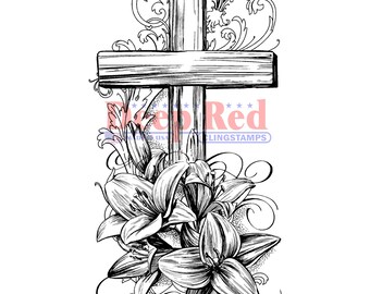 Cross and Lilies Rubber Cling Stamp