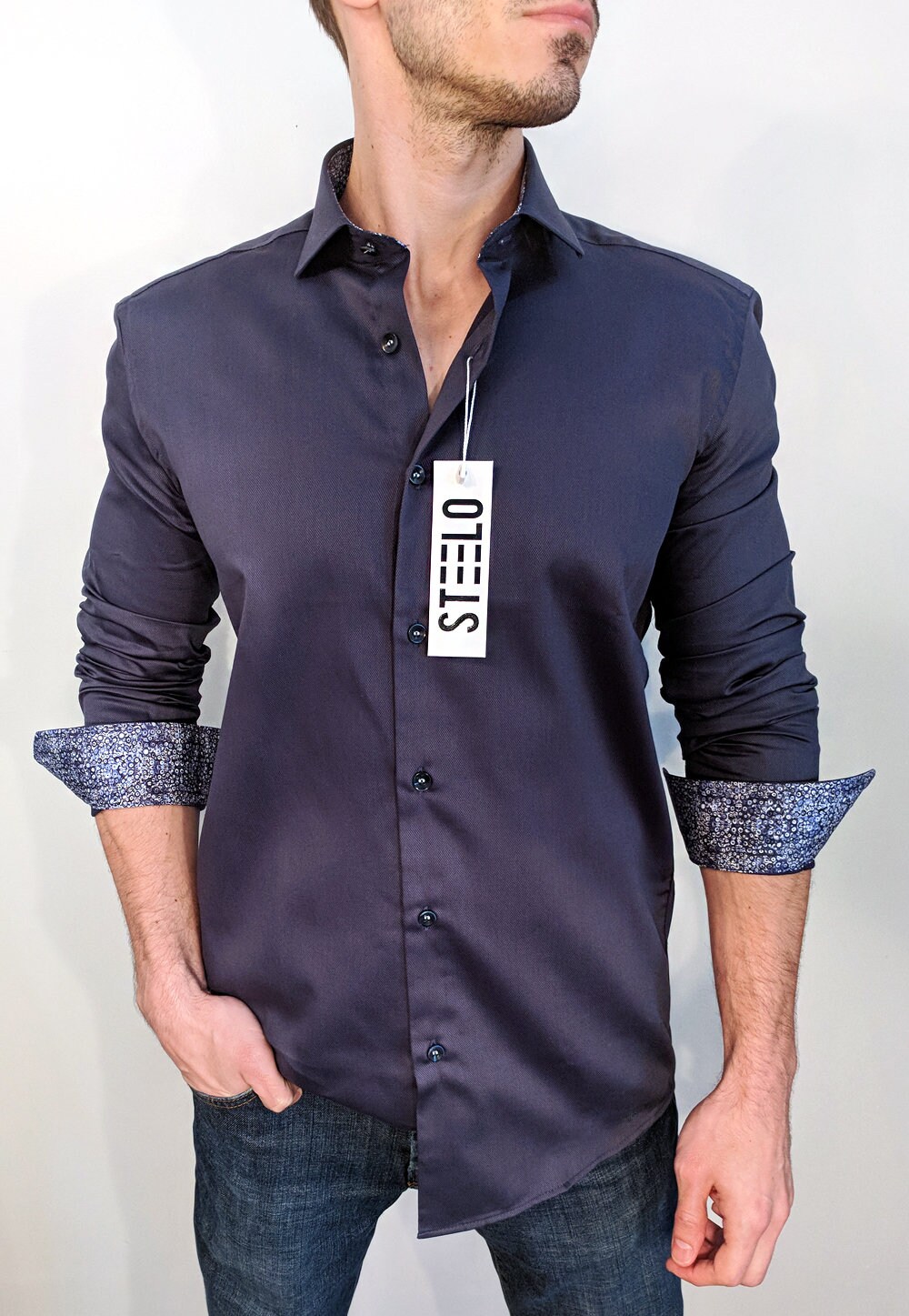 Mens Long Sleeve Dress Shirt Untucked Navy Contrast Designer Etsy