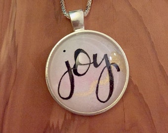 Pendant Necklace, Word Necklace, Round Pendant Necklace, Christian Jewelry, Thoughtful Gift, Gift for Her, Joy Necklace
