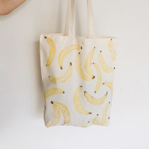 Banana Print Cotton Tote Bag Eco Shopping Organic Zero Waste, Sustainable Plastic Free, Fruit Reuse Large Canvas Back to School Vegan Gift image 1