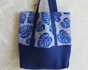 Monstera Linen Tote Bag: Handprinted Monstera, Denim Bag, Shopping Bag, Reusable Blue Bag