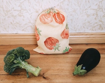 Handtryckt naturlig tomatpåse - Eko-shopping i linne, noll avfall, plastfri, växttryck, återvinning, återanvänd förvaring, ekologisk mat