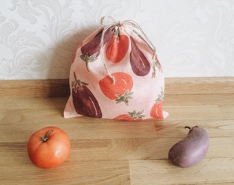 Handtryckt aubergine- och tomatpåse: Eko-shopping i linne, noll avfall, plastfri