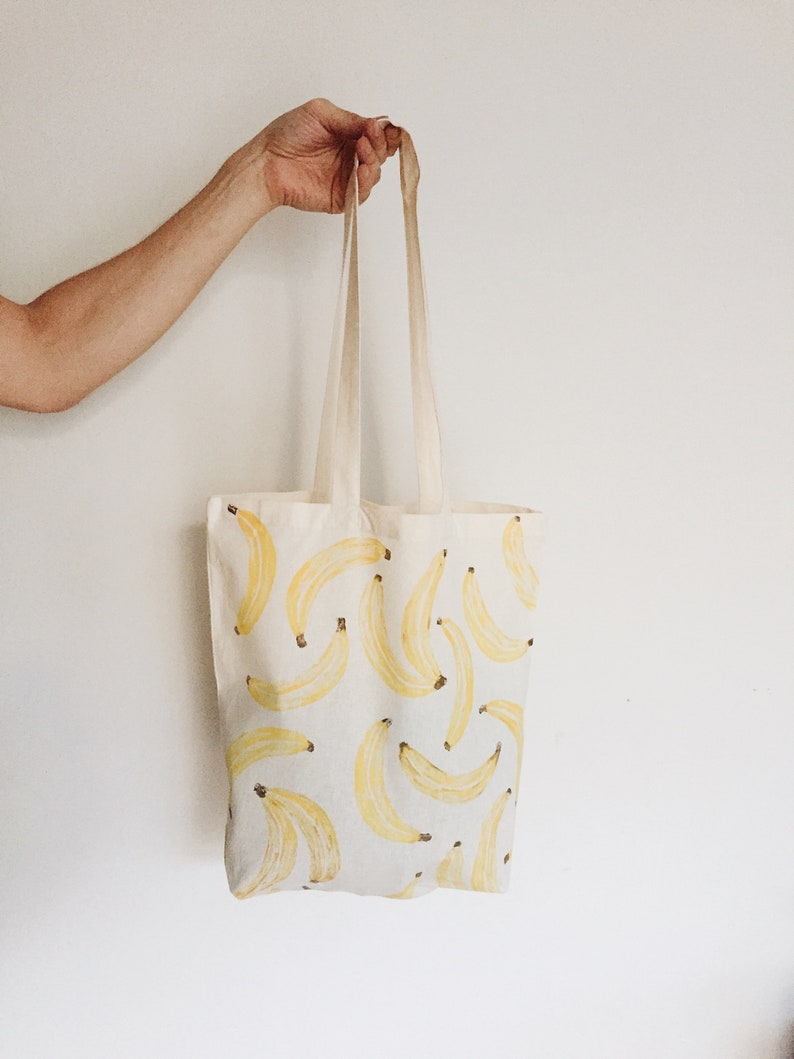 Banana Print Cotton Tote Bag Eco Shopping Organic Zero Waste, Sustainable Plastic Free, Fruit Reuse Large Canvas Back to School Vegan Gift image 1