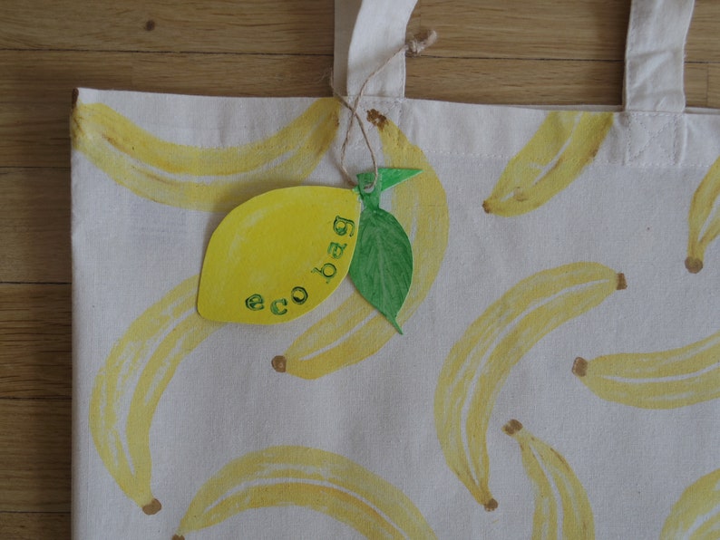 Banana Print Cotton Tote Bag Eco Shopping Organic Zero Waste, Sustainable Plastic Free, Fruit Reuse Large Canvas Back to School Vegan Gift image 6