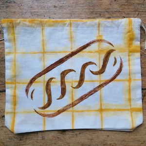 Handprinted Linen Bread Bag: Produce Bag, Zero Waste Gift, Eco Shopping, Reusable Bag, Yellow Square, Bread Print