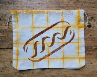 Handprinted Linen Bread Bag: Produce Bag, Zero Waste Gift, Eco Shopping, Reusable Bag, Yellow Square, Bread Print