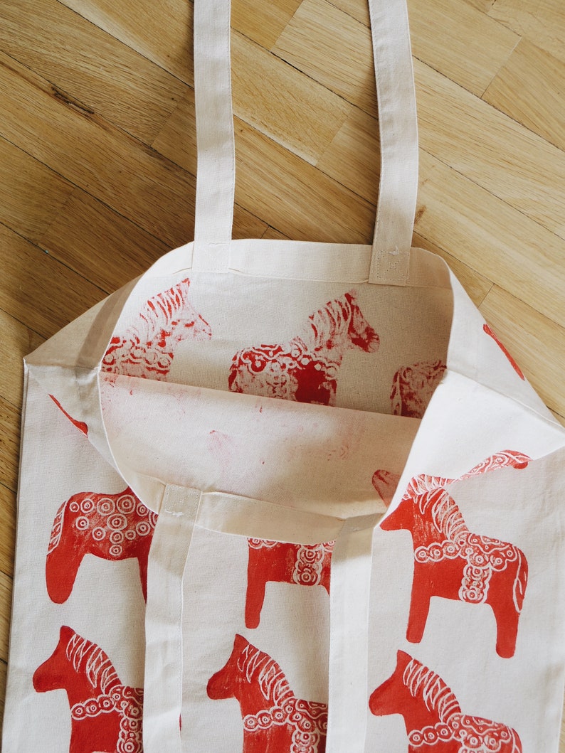 Market Vegan Gift Handprint Eco Shopping Organic Zero Waste Red Horse Ornament Cotton Tote Bag Sustainable Plastic Free Reusable Tote